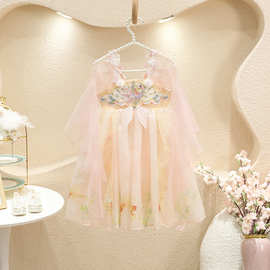 2025儿童唐装国学夏季新款女童锦鲤网纱汉服短袖古装连衣裙演出服