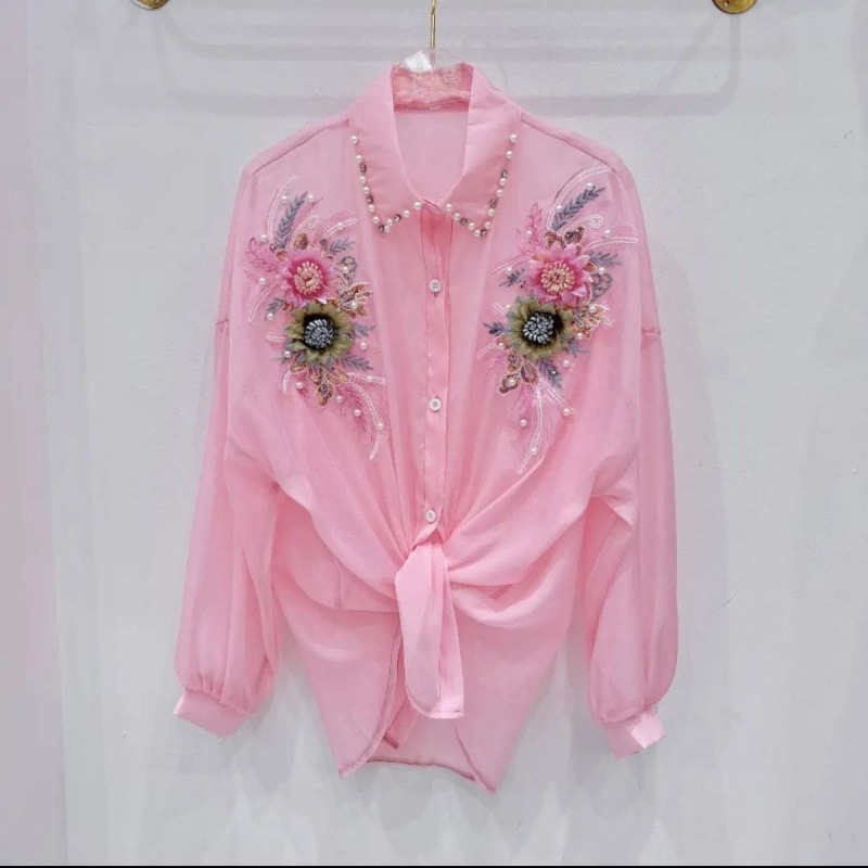 Heavy Three-Dimensional Flower Sunscreen Shirt - White