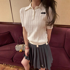 MM羊绒+桑蚕丝Polo领女士毛衣学院风镂空正肩修身潮牌短袖针织衫