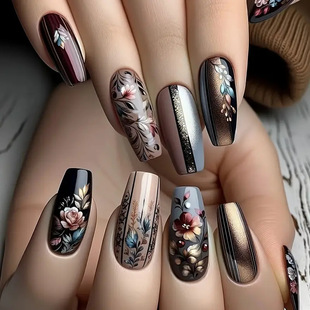 Cross-Border Hot Selling European and American Middle Eastern Retro Gray Pattern Feather Totem Vintage Style Export Wear Manicure 24 Pieces
