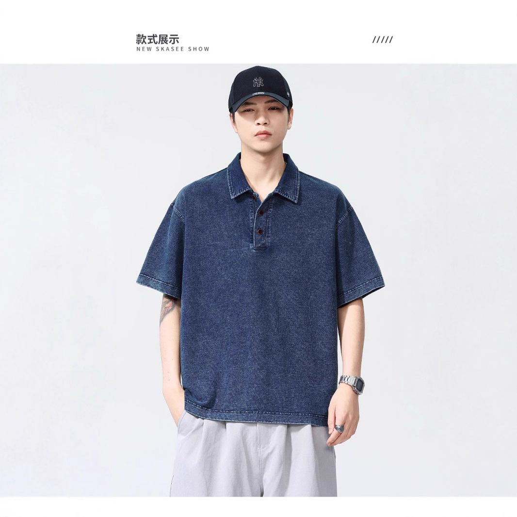 Factory Customized Men's Retro Denim Polo Shirt 260g 20 Count Terry Knitted Denim Casual Short-Sleeved Top
