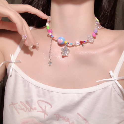 Summer dopamine colorful candy tassel star beaded necklace female y2k sweet cool hot girl style clavicle chain necklace