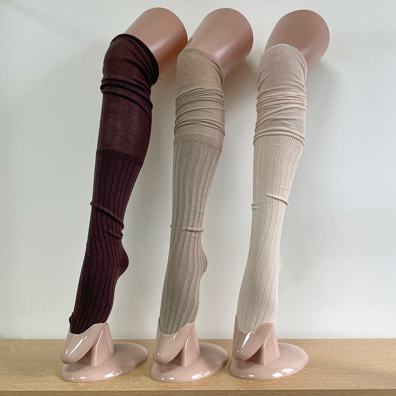 Ins Style Low Saturation Maillard Coffee Vertical Stripe Stitching Pile High Socks Over-the-knee Long Socks