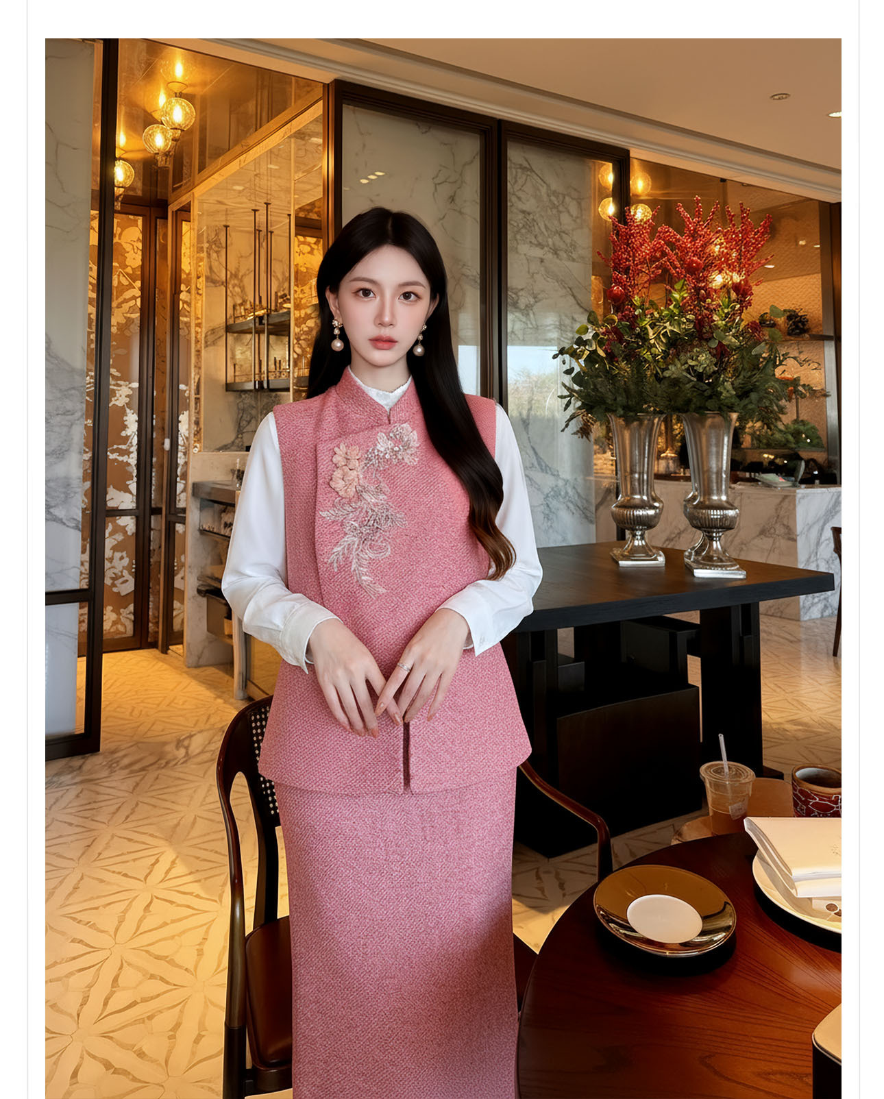 Bộ áo gile không tay và chân váy midi tân cổ điển đính cườm sang trọng — nửa váy, Trang chủ chi tiết 7