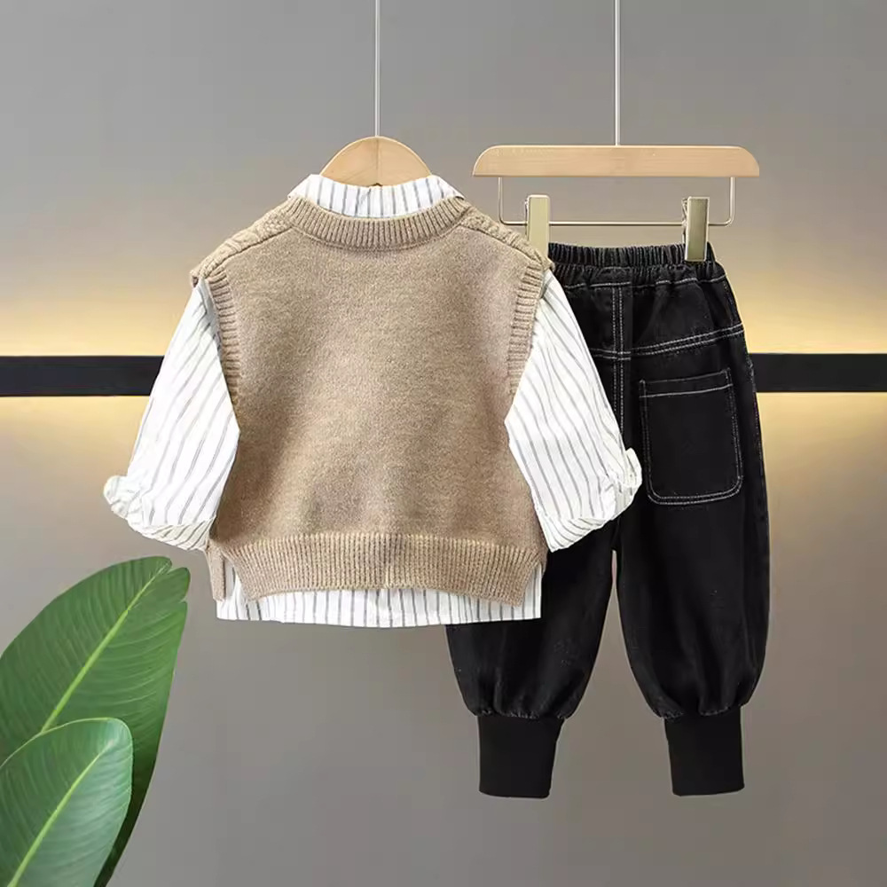 6341 Traje de otoño para niños 2025 Nuevo estilo coreano Chaleco de lana para niños pequeños Camisa de bebé de tres piezas