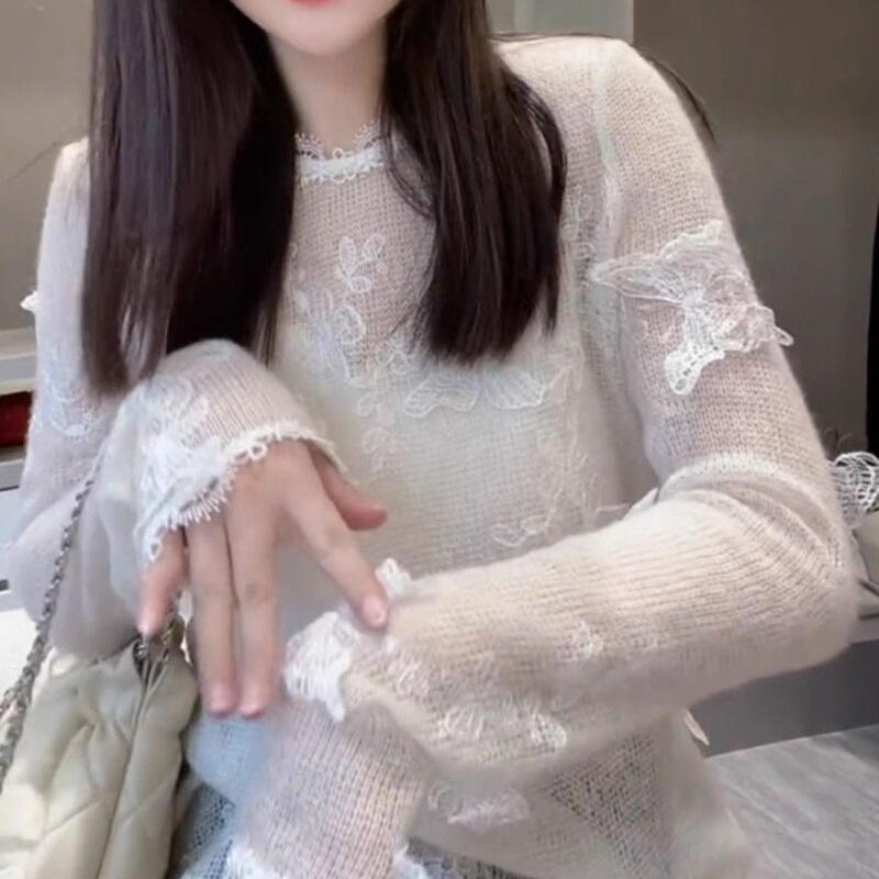 法式立体蝴蝶正肩长袖蕾丝衫女2025秋季新款时尚宽松显瘦百搭上衣|undefined