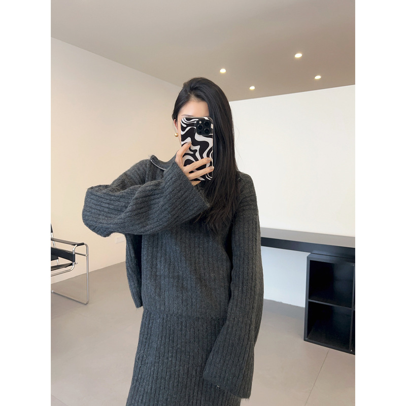 慵懒风半拉链翻领毛衣套装女秋冬季韩版宽松休闲针织半身裙两件套|undefined