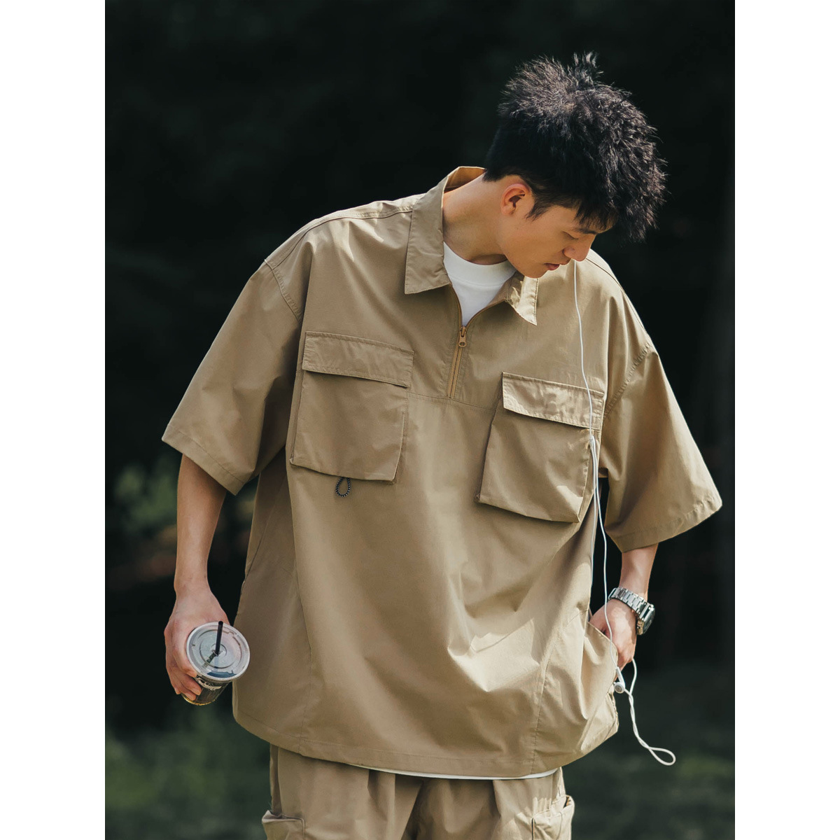 Camisa de polo japonesa de los hombres de manga corta de verano marca de moda suelta más tamaño camisa de herramientas de montaña funcional camiseta de media manga