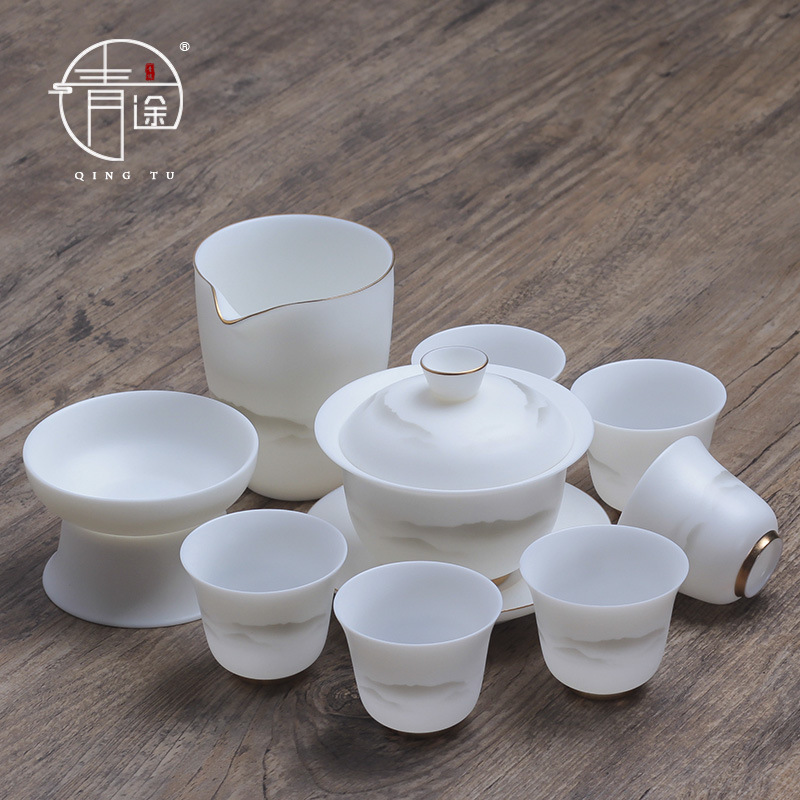 轻奢素烧白瓷功夫简约茶具套装家用泡茶器盖碗茶杯羊脂玉送礼茶具