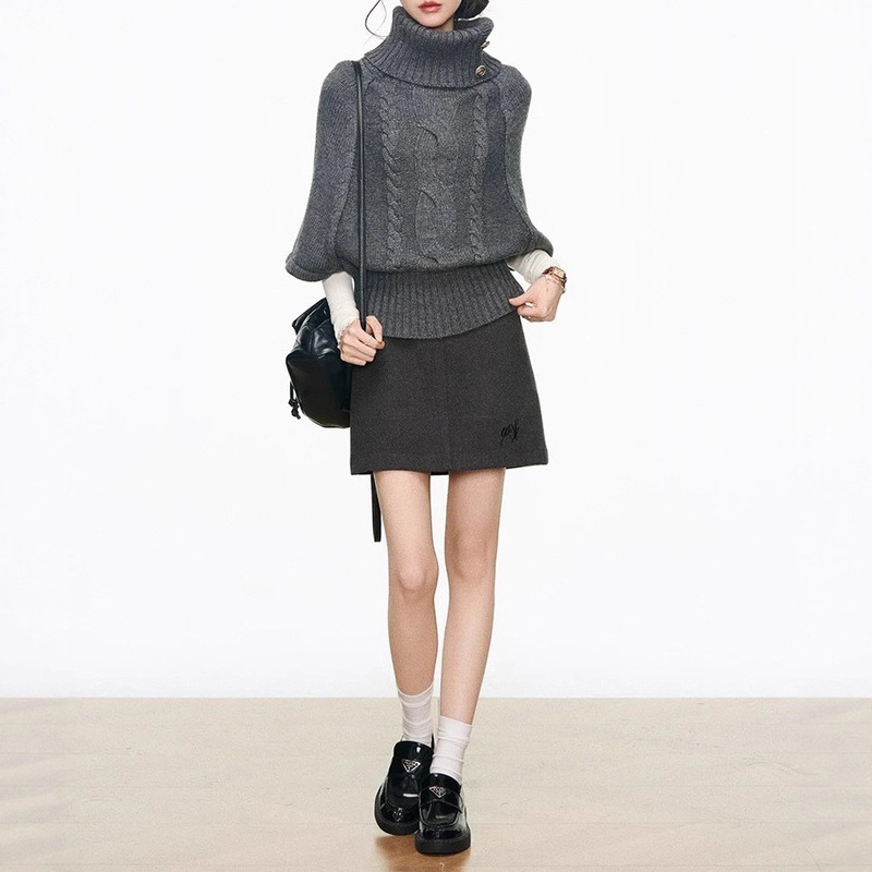 Westayone High Collar Silver Button Knitwear Top Women's Knitwear + Skirt Suit
