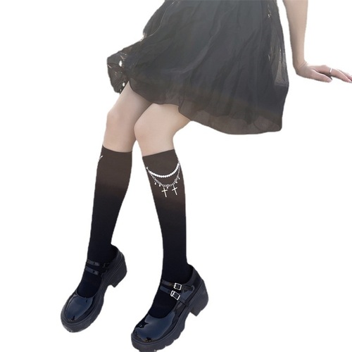 Personalized cool Japanese style dark punk style pearl chain cross JK socks combed cotton half calf socks mid-tube