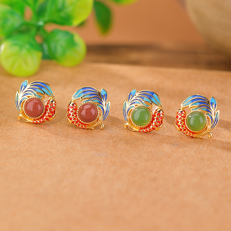 Khuyên tai nữ bạc S925 mạ vàng đính đá ngọc bích hình cá chép men retro — Mẫu đỏ nam