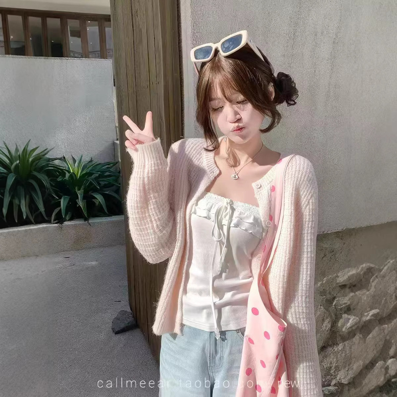 Early Spring New Style French Gentle Pink Fufu Waffle Knit Cardigan for Women, Loose Fit, Slimming Long-Sleeve Sweater Coat Early Spring New Style French Gentle Pink Fufu Waffle Knit Cardigan for Women, Loose Fit, Slimming Long-Sleeve Sweater Coat