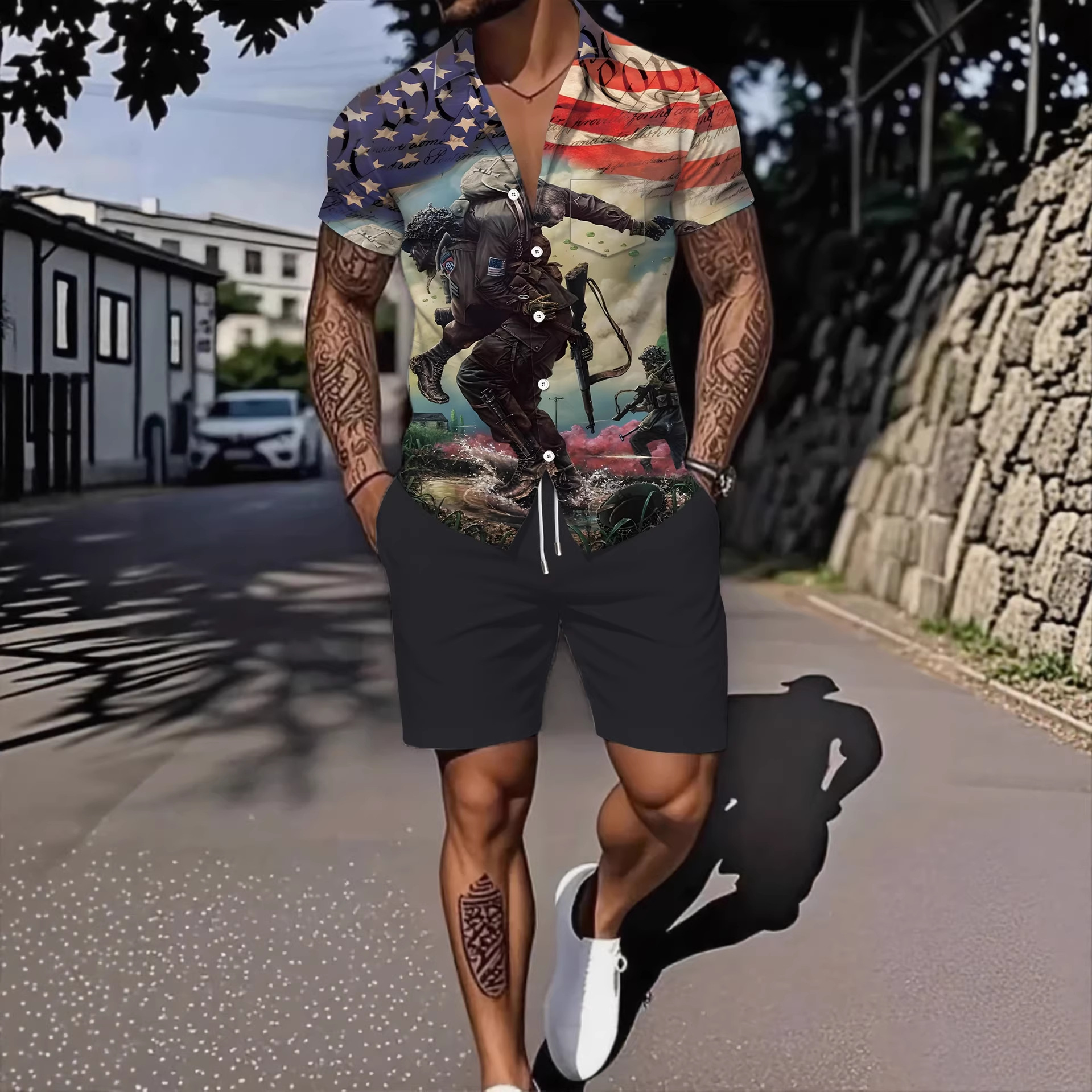 Men's Clothing Men's Breathable Loose Fit Short Sleeve Shirt Set Letter Print Casual Commuter Two Piece Summer Style_voghion.com