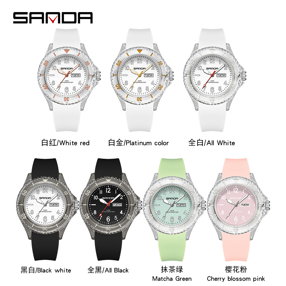 Sanda marca reloj de cuarzo al aire libre impermeable simple calendario caso transparente estudiante niños reloj 9062