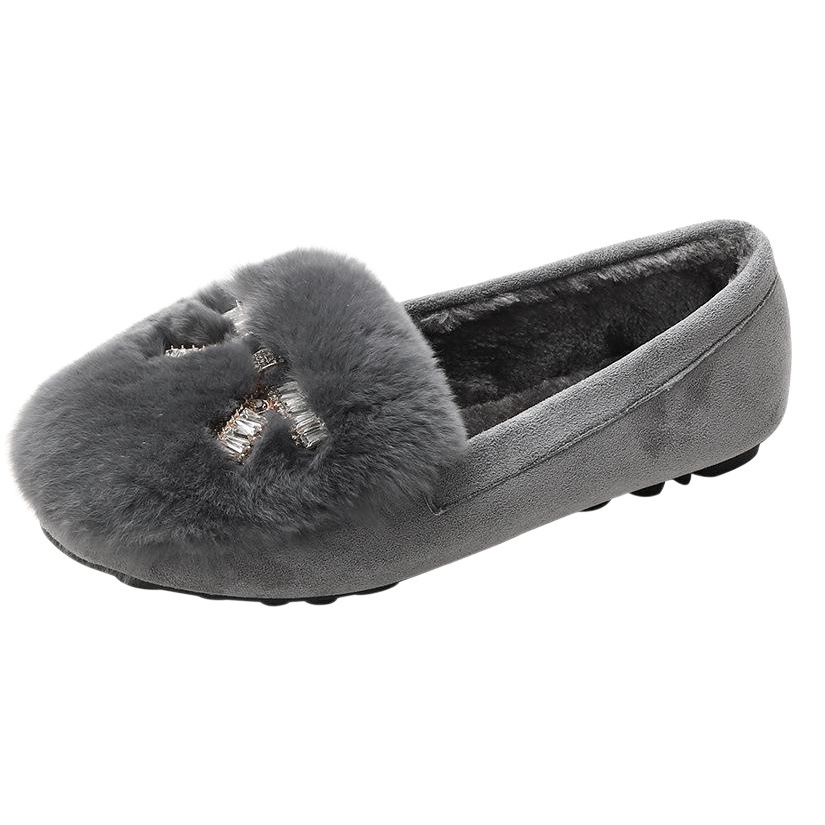 Zapatos de felpa para mujer ropa de invierno plana 2023 nuevos zapatos de guisantes con hebilla de diamantes de imitación zapatos de mujer de celebridades de Internet forrados de lana más el tamaño 41-43