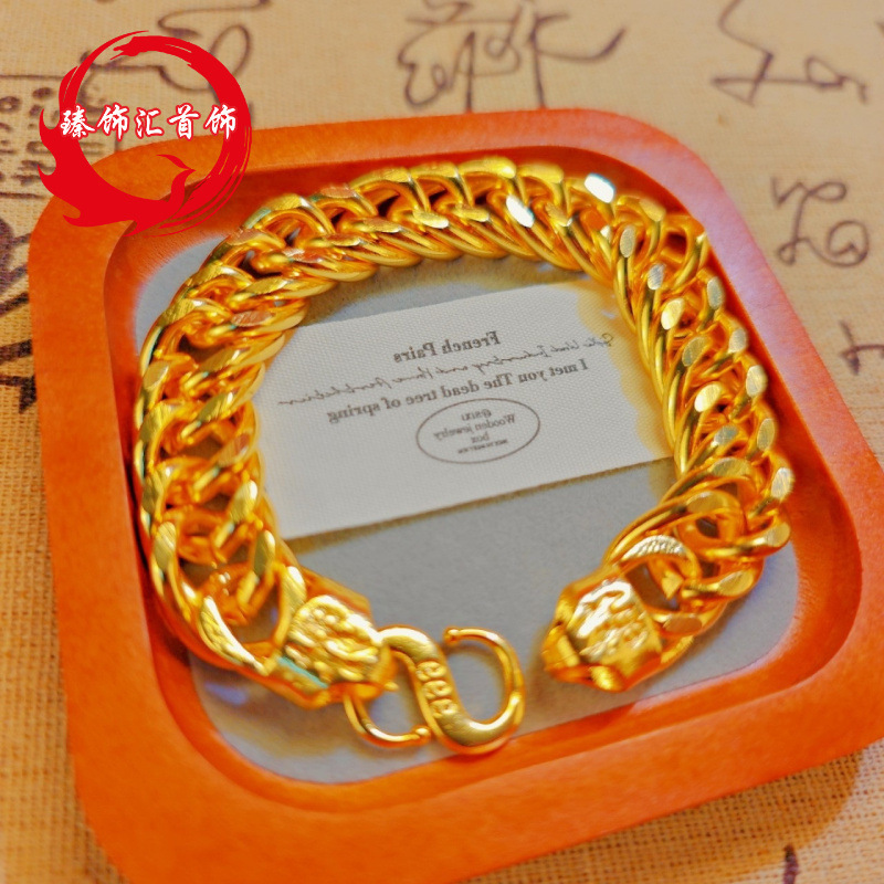 Vietnamese Sand Gold Men's Gold-Plated Bracelet with Large Fortune Buckle Boss Jewelry, Fashionable and Elegant Thickened Fortune Character Bracelet Wholesale Vietnamese Sand Gold Men's Gold-Plated Bracelet with Large Fortune Buckle Boss Jewelry, Fashionable and Elegant Thickened Fortune Character Bracelet Wholesale
