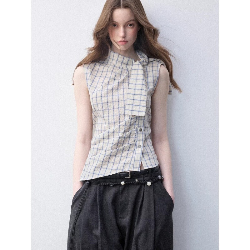 Luaomss Cotton Plaid High-Neck Tie-Waist Top for Women, New Slim-Fit Stylish Versatile Shirt with Slight Stretch