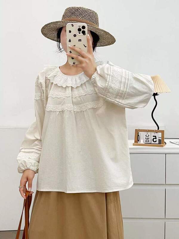 2025 Spring New Style Pleated Multi-Layer Lace Loose Women's Long Sleeve Shirt Cardigan Top Wholesale