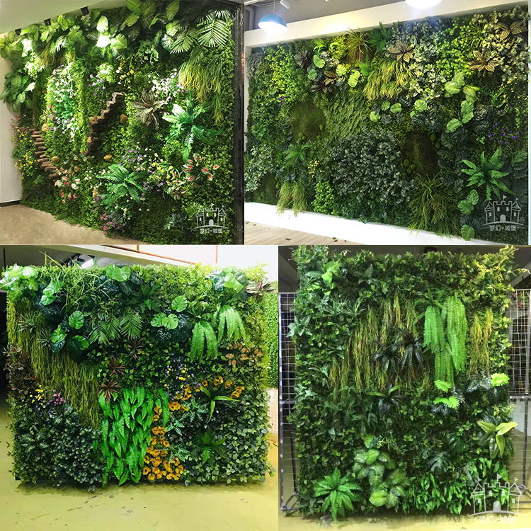 Planta artificial pared Fondo pared puerta tienda letrero decoración flor pared verde plástico falso flor eucalipto planta verde pared