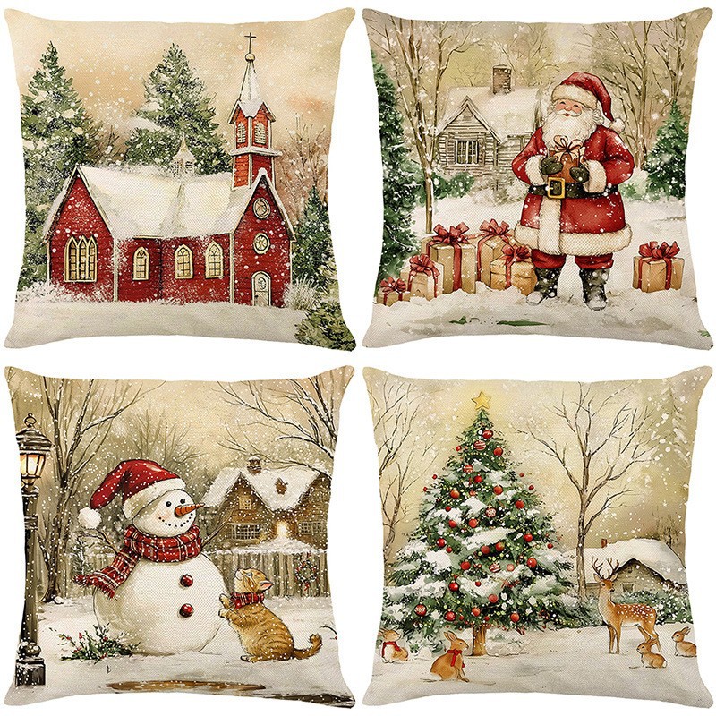2025 New Christmas Pillow Cover Santa Claus Printed Cushion Sofa Decorative Cushion Cover Holiday Gift