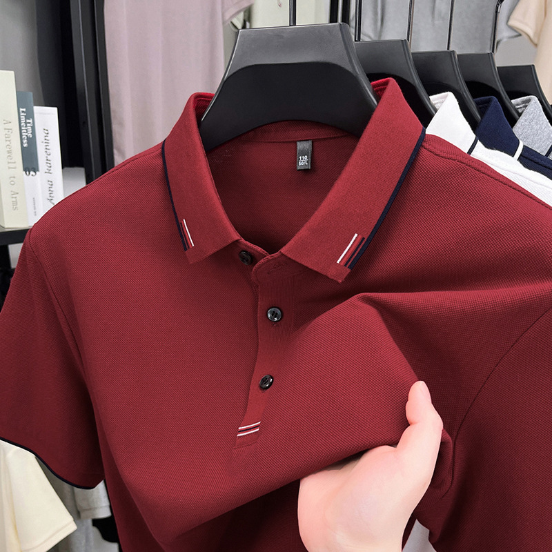 純綿夏の新しいメンズ tシャツ刺繍ハイエンドルーズファッション薄い半袖ラペルアイスシルク半袖メンズ tシャツ|undefined