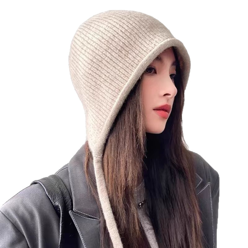 堆堆帽子女春秋显脸小包头冷大头围月子帽抽绳卷边针织毛线冬季|undefined