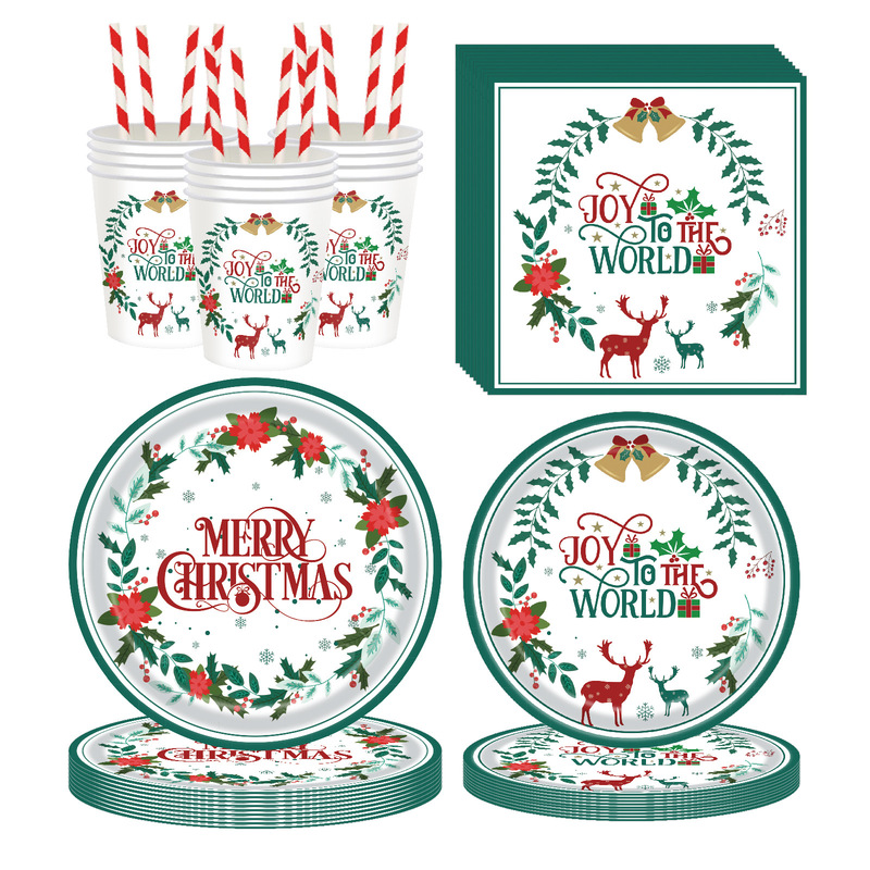 Christmas Holly Garland Theme Party Disposable Paper Plate Tissue Paper Cup Straw Holiday Party Decoration Set