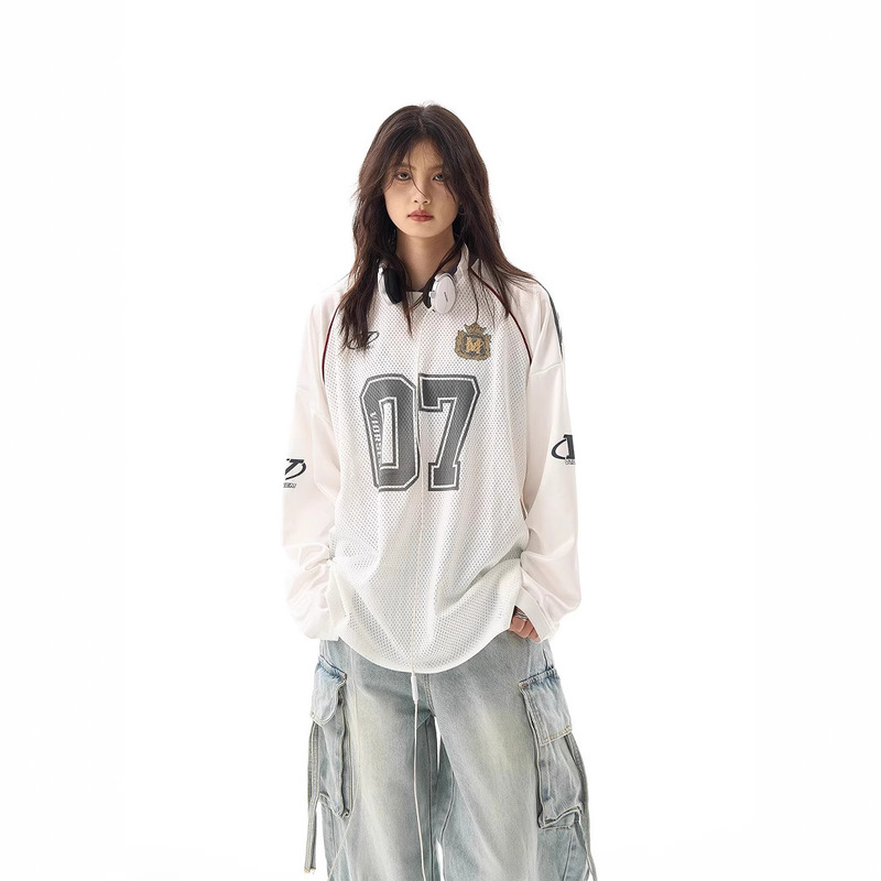 American Retro Niche Design V-Neck Loose Long-Sleeved Sports Jersey Style T-Shirt for Men European and American High-End Tops for Women