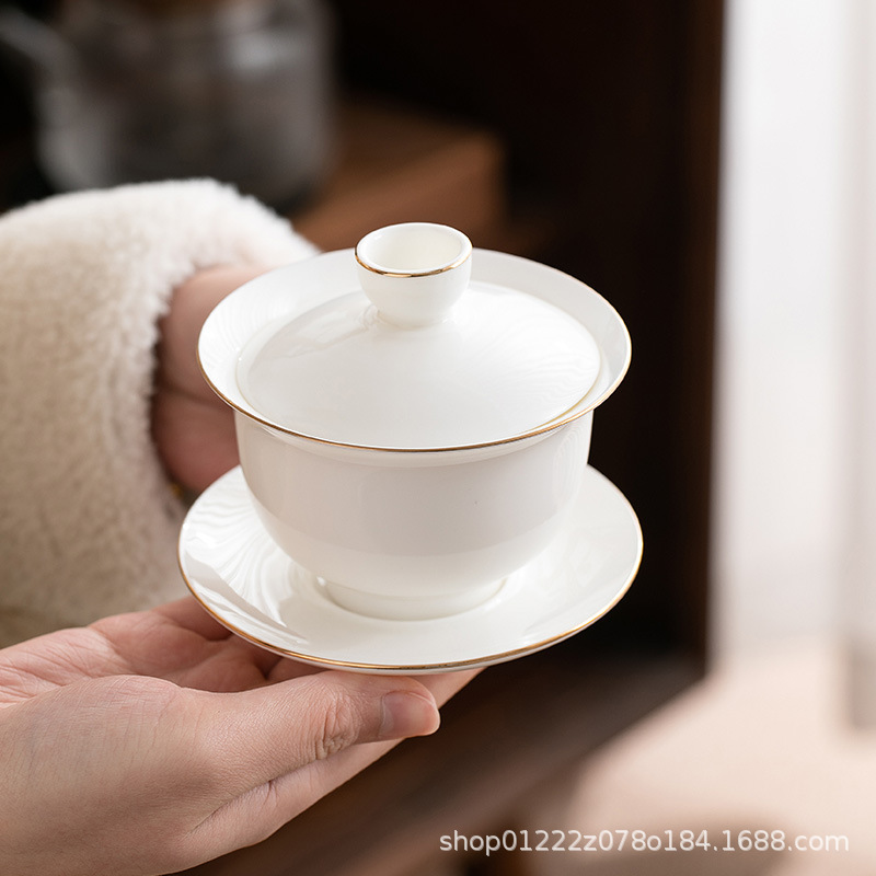 盖碗羊脂玉白瓷功夫茶具套装茶杯家用客厅办公室会客德化陶瓷logo