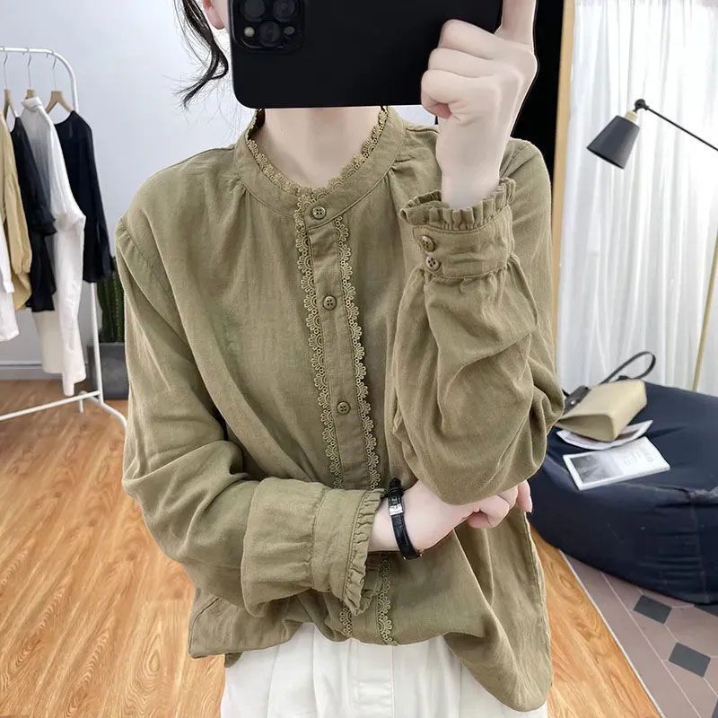 綿麻の長袖のシャツの女性の上着は年齢を減らします。|undefined