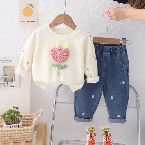 Women's Long Sleeve Set Korean Version New Spring Children's 3D Tulip Sweatshirt Stylish Little Girl Street Style Set