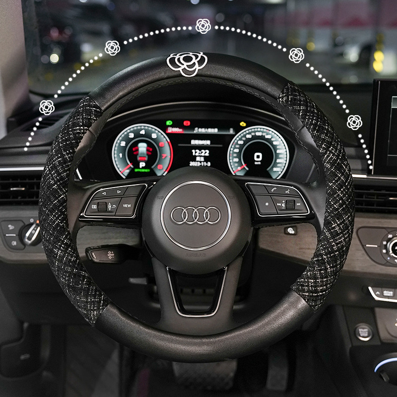 Winter Warm Car Steering Wheel Cover Plush Comfortable Anti-slip Car Handle Cover Temperament Camellia Car Handle Cover For Women