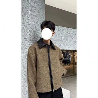 美式复古老钱风拼接翻领夹克男秋冬季短款高级感正肩开衫拉链外套