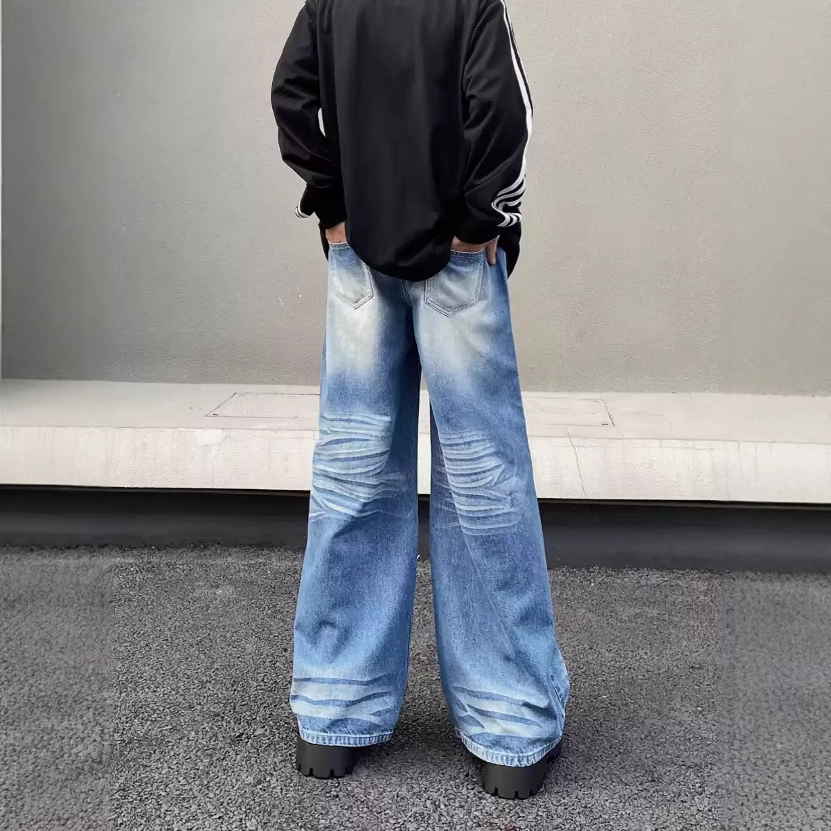 Vintage Washed Blue Wide Leg Jeans For Men & Women | Retro Loose Fit Straight Denim Pants | High Waist Comfort Styling_mkmklike.com