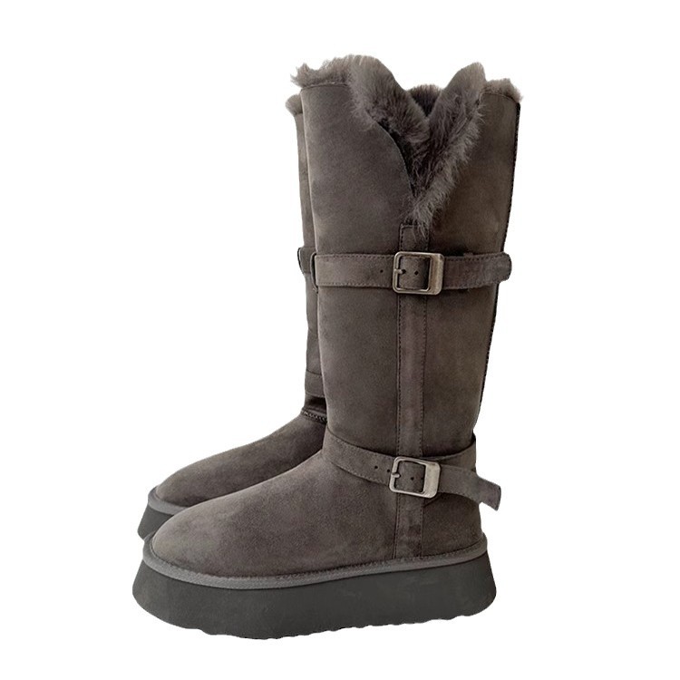 Una solapa de lana de lana de lana de caballo dos botas de altura de botas de algodón de nieve botas de cinturón de rodilla botas de cinturón de cinturón de rodilla del noreste