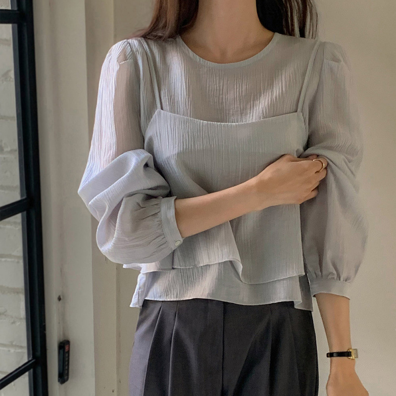 法式雪纺衫女chic小众设计透视小衫吊带背心独特长袖衬衫两件套装