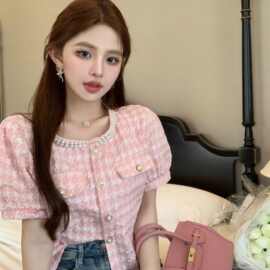 小香风法式甜美千鸟格短袖衬衫女夏设计感小众独特别致泡泡袖上衣