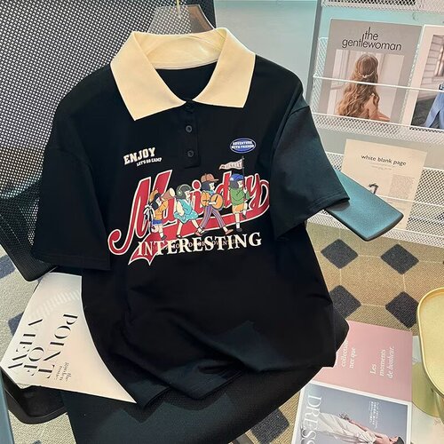 Trendy polo shirt short-sleeve boys' summer loose embroidery heavy-duty solid color T-shirt college style color-block half-sleeve T-shirt