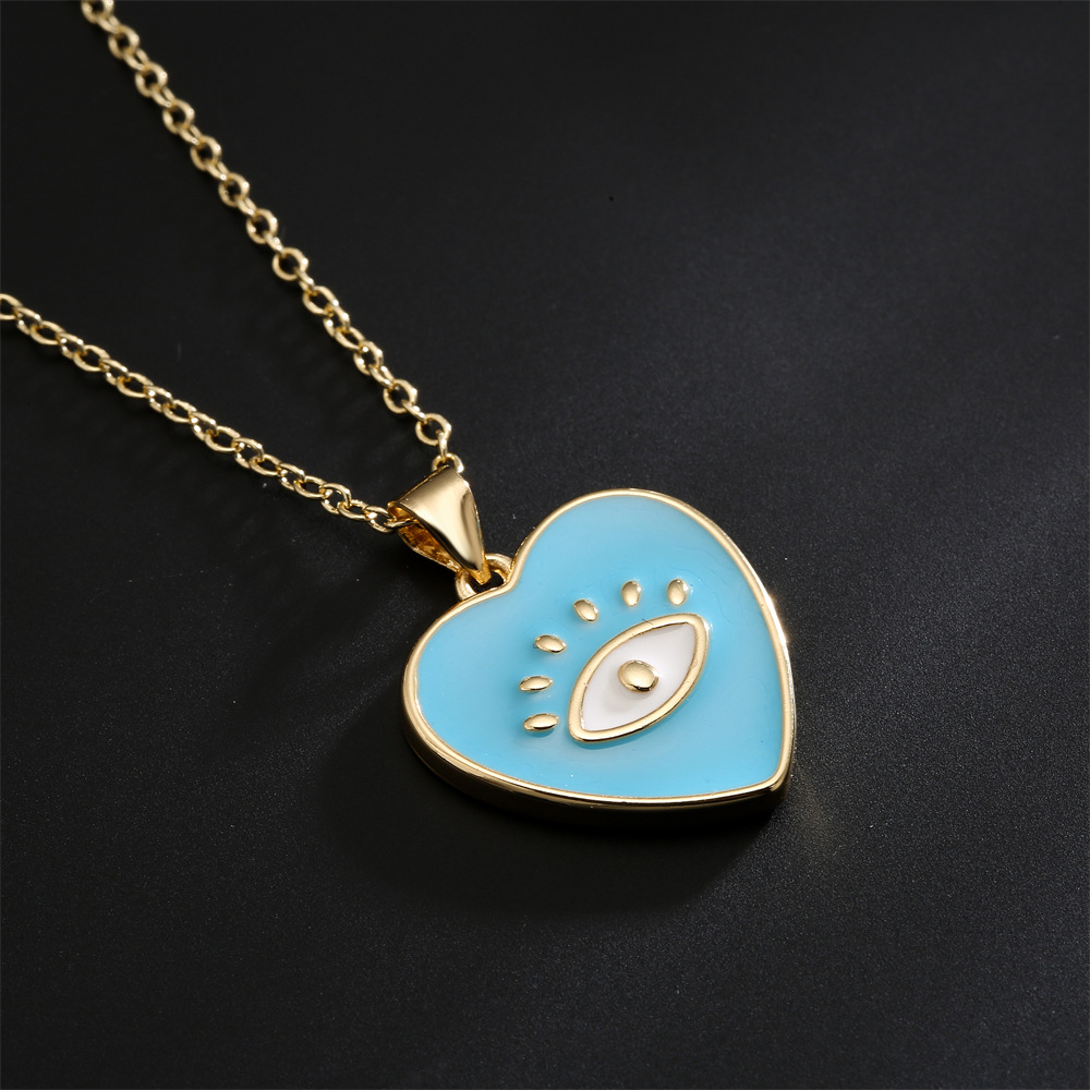Fashion Cute Copper Plated 18k Gold Color Dripping Oil Eyes Heart-shaped Pendant Necklace display picture 2