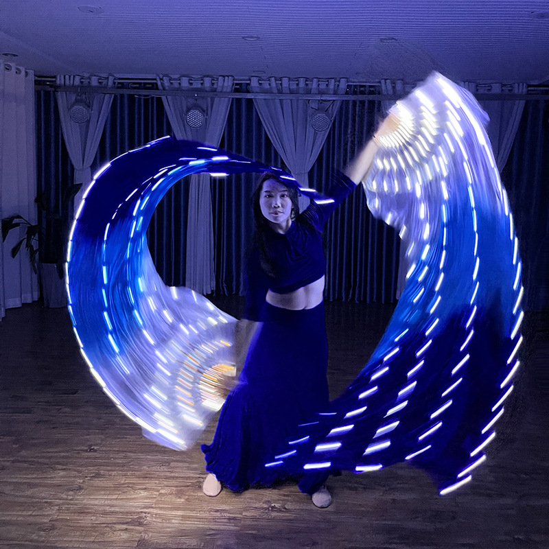 Led Fan White and Blue Gradient Silk Fabric Light String Rechargeable Performance Catwalk Dance Party Luminous Fluorescent Dance Performance Costume