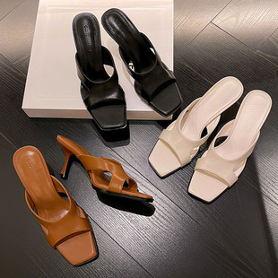 First-Layer Cowhide Square-Toe Slippers for Women, High-Heeled Shoes, Summer New Style, Genuine Leather Open-Toe Sexy Stiletto Sandals for Women