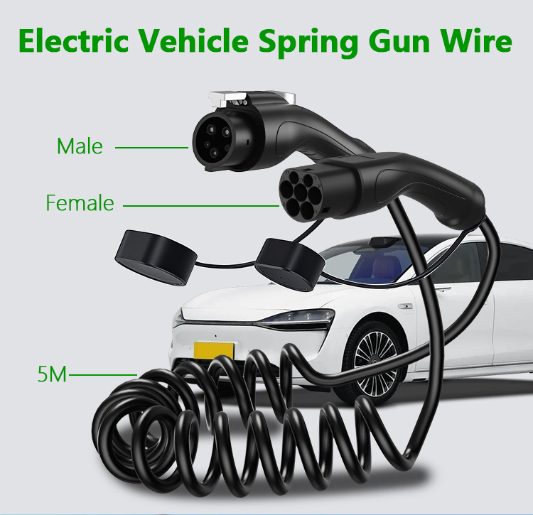 European Standard to American Standard Spring-Loaded Dual-Gun Cable, Black, 16A/32A, Type2 to Type1, for Electric Vehicle Charging Stations