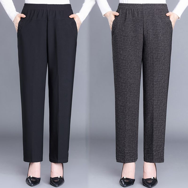 Fleece-Lined Elastic Waist Granny Pants for Middle-Aged and Elderly, Thickened Spring and Autumn Straight-Leg Elastic High-Waisted Mom Pants