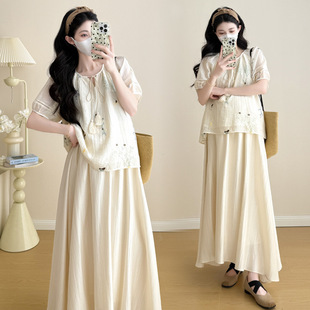 Maternity Wear 2025 New Summer Korean Style Fashion Embroidered Top + Adjustable Skirt Two-Piece Maternity Skirt