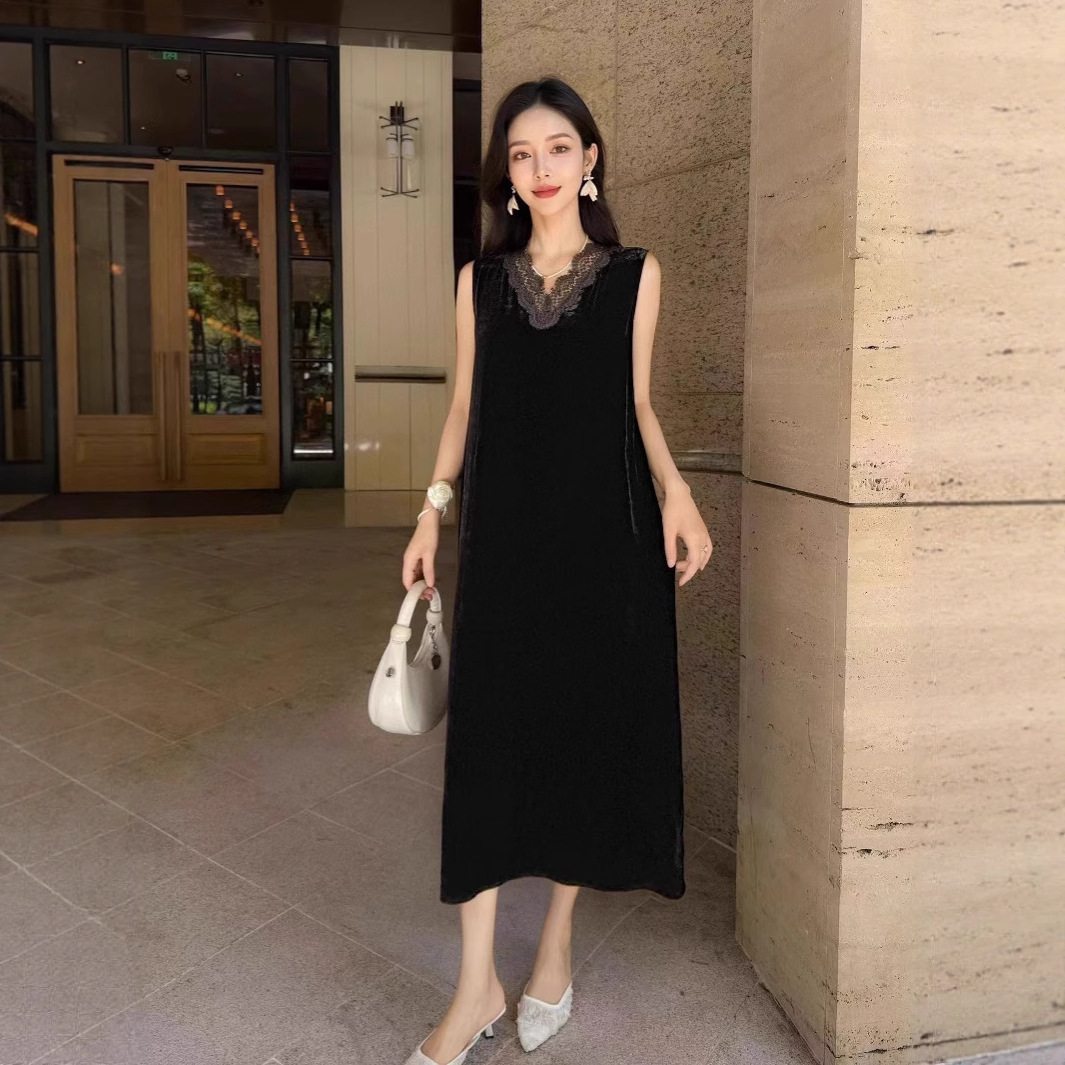 Silk velvet black solid color fashionable elegant lace summer dress…