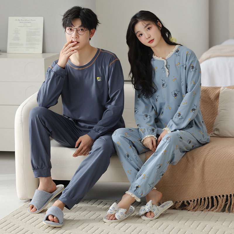 純綿パジャマ カップル用 ラウンドネック プルオーバー レディース 綿100% 秋冬 メンズ 長袖 ホームウェアセット 外出可 カジュアル
