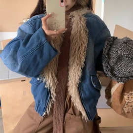 很秀1  美式街头设计感牛仔拼接羊羔绒棉服外套女秋冬宽松棉衣