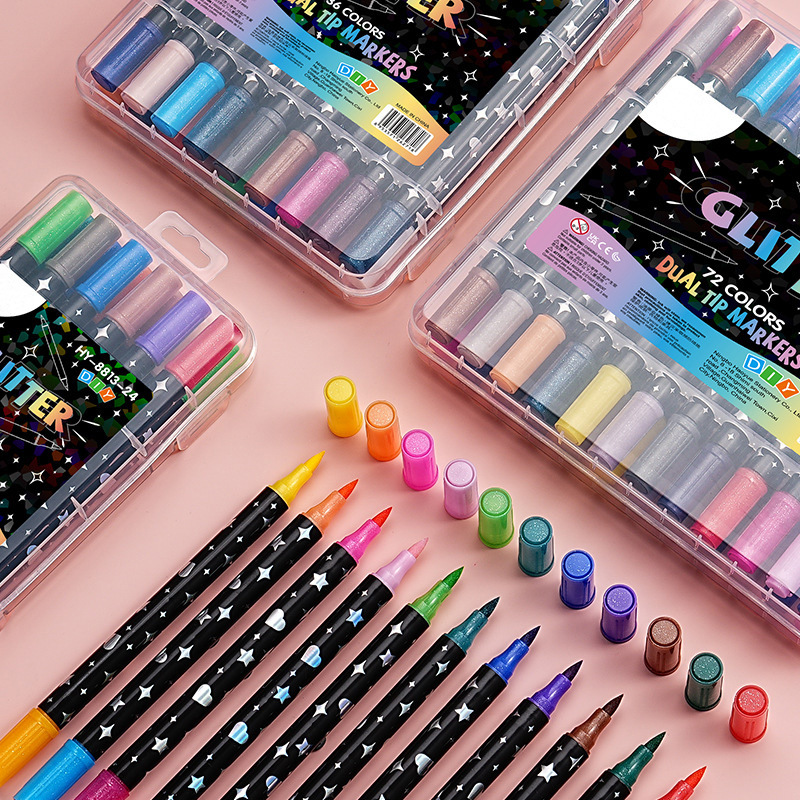 Marcador flash de dos colores de dos cabezas Pluma de curry de pintura Pluma de acuarela Traje de lápiz de brillo fluorescente Spot al por mayor