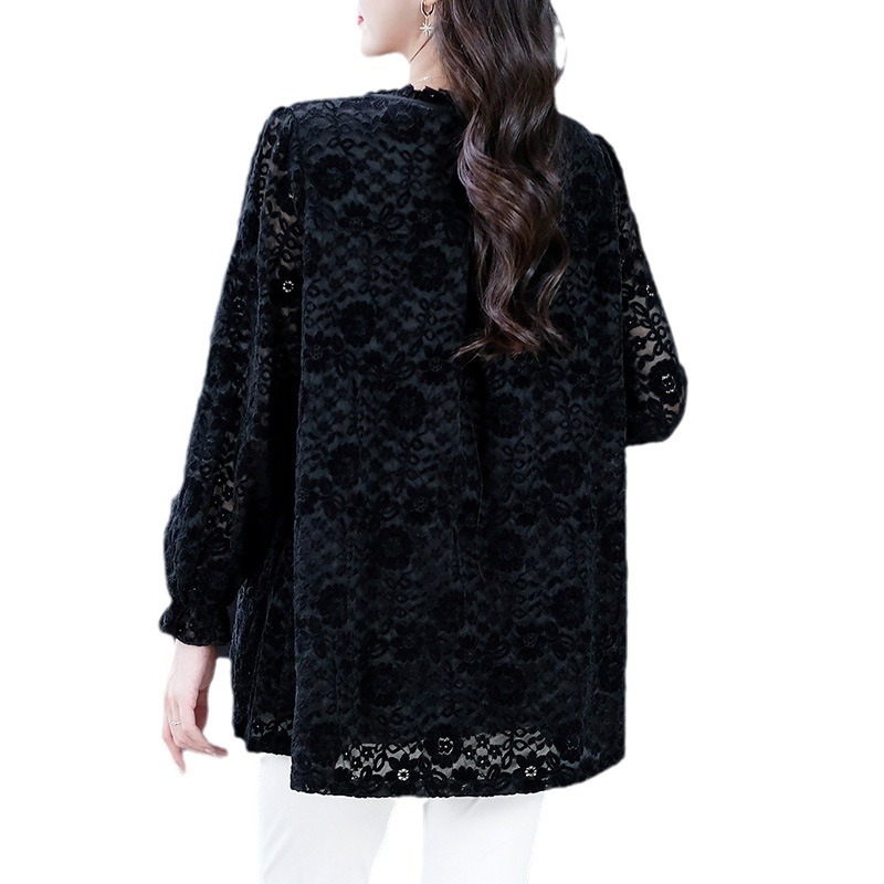 Spring and autumn new lace open sleeve long sleeve plus velvet large size loose base small shirt top mother middle-aged and elderly women's wear